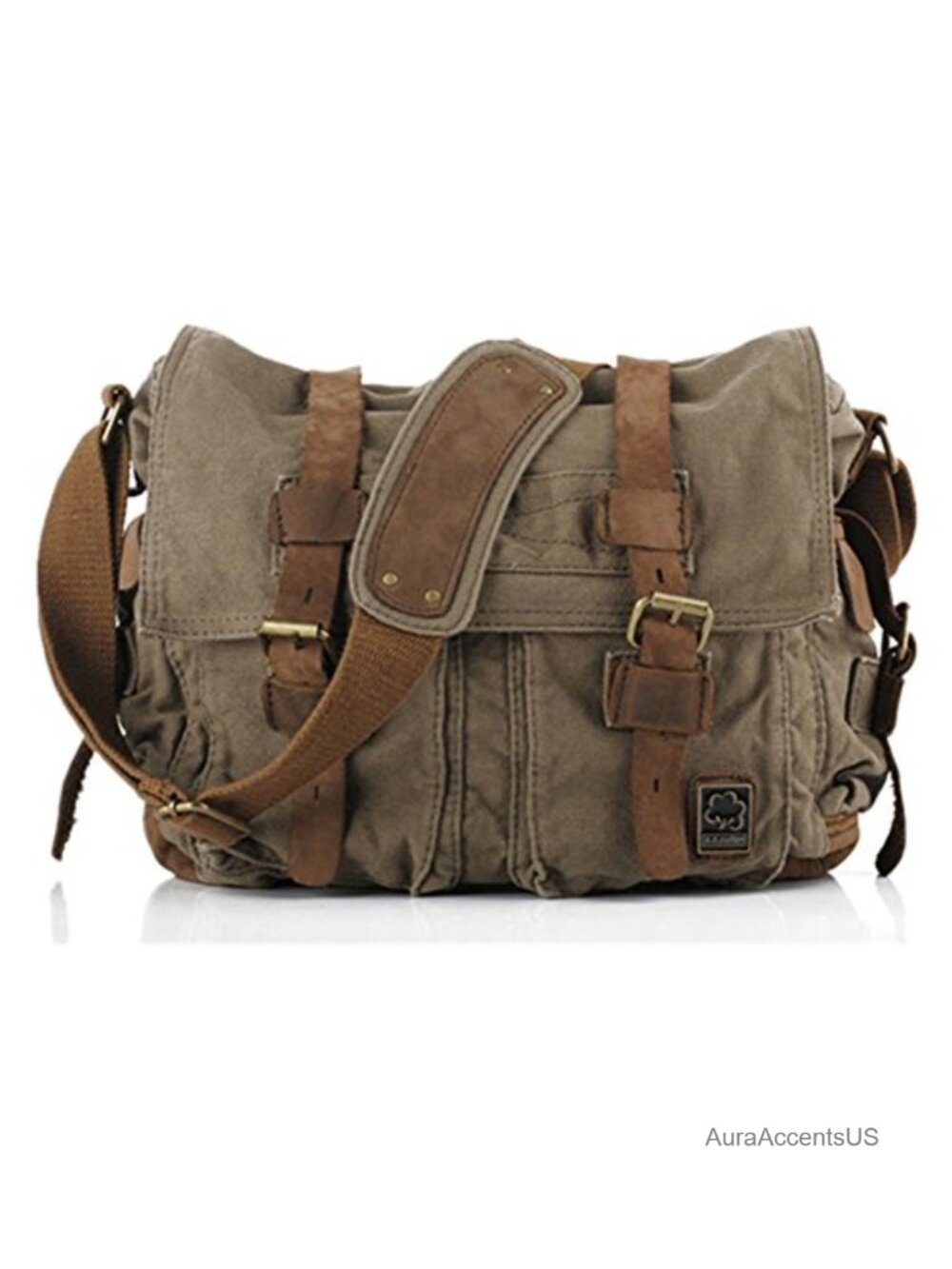 Sechunk Vintage Military Leather Canvas Laptop Messenger Bag Medium